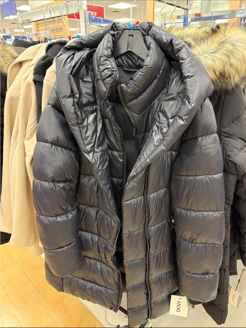 DKNY Shiny Charcoal Quilted Hooded Puffer Coat